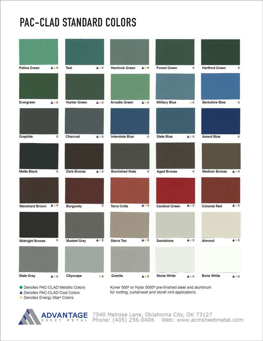 PacClad Standard Color Chart Advantage Sheet Metal in Oklahoma City